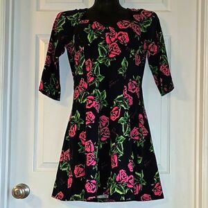 Betsey Johnson Black Pink Floral Midi Dress 3/4 Sleeve